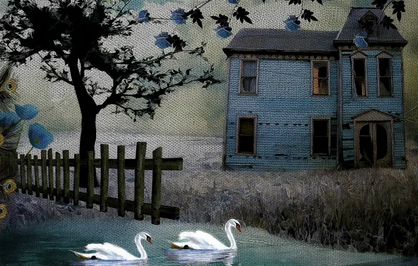 Picture house, style, background, swans