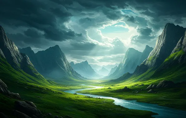 Clouds, mountains, river, fantasy, valley, art, fantasy, river