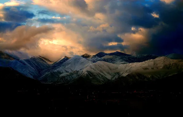 The sky, clouds, light, sunset, mountains, clouds, blue, the slopes