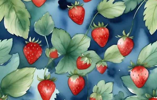 Leaves, berries, texture, strawberry, blue background, imitation of watercolor, AI art, neural network