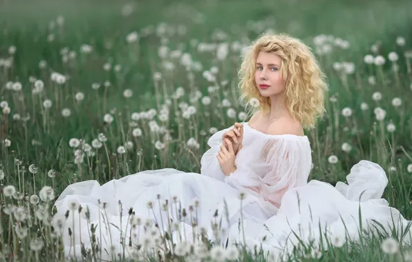 Grass, girl, nature, dandelion, makeup, dress, meadow, blonde