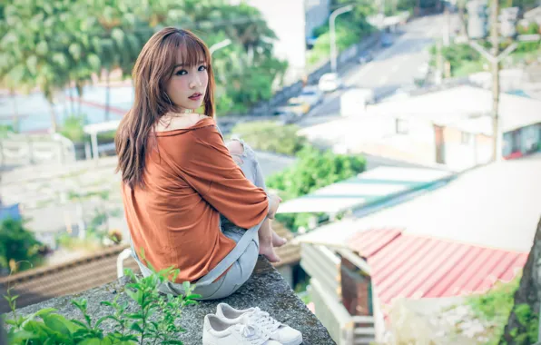 Look, the sun, landscape, the city, pose, model, portrait, jeans