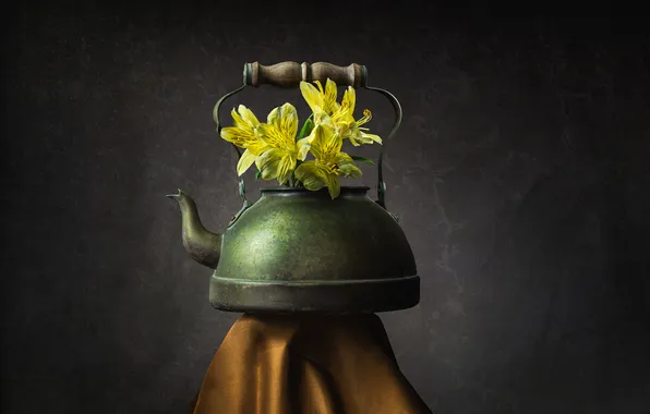 Flowers, kettle, Alstroemeria