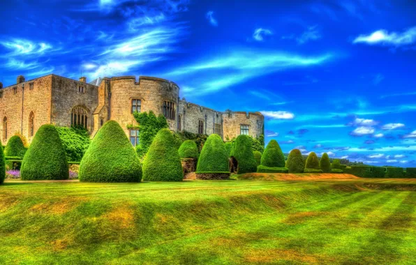 Greens, clouds, design, castle, lawn, HDR, UK, the bushes