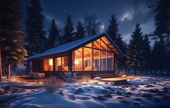 Winter, forest, snow, night, house, hut, christmas, forest