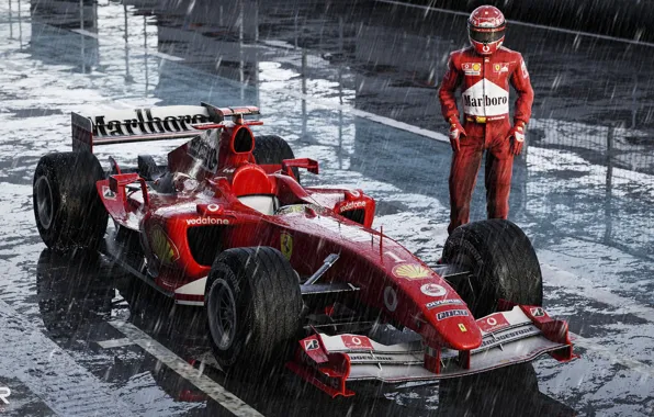 Sport, Machine, Rain, Formula 1, The car, Schumacher, Michael Schumacher, Michael Schumacher