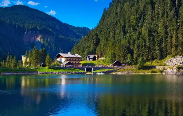 Greens, trees, mountains, nature, lake, home, Alps, houses