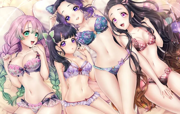 Picture girl, sexy, lingerie, bra, cleavage, panties, thighhighs, pink hair