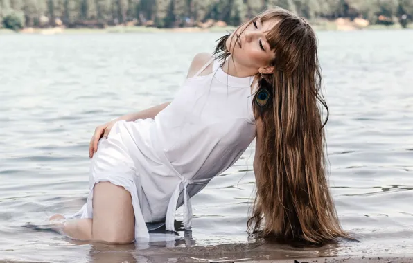 Water, girl, nature, river, dress, brown hair, Arthur Ponomarenko