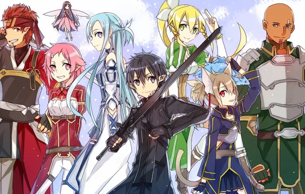 Picture look, snowflakes, weapons, background, girls, sword, guys, heroes
