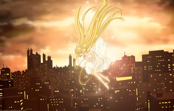 The sky, girl, clouds, sunset, the city, home, anime, art