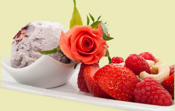Flower, berries, raspberry, rose, food, strawberry, ice cream, rose