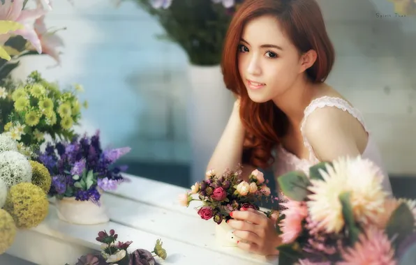 Girl, flowers, Asian
