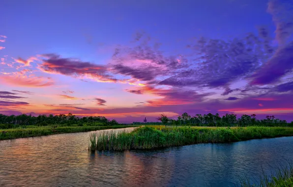 The sky, clouds, landscape, sunset, nature, lake