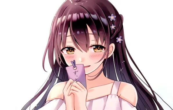Smile, girl, white background, blush, amulet, long hair, by Sakura Hiyori