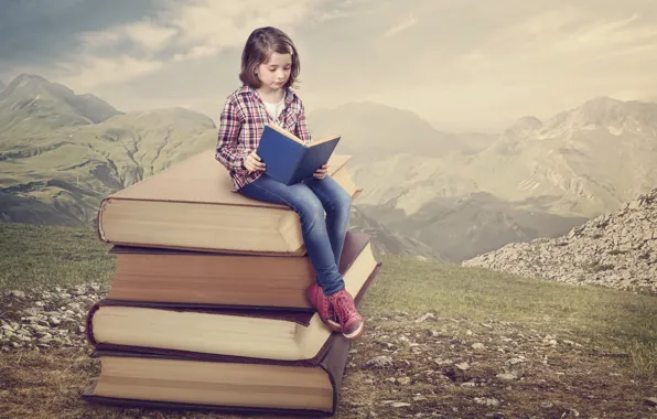 Mountains, nature, books, girl, reading
