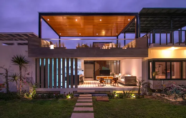 Design, house, the evening, lighting, architecture, facade, outside-inside house, interior-exterior