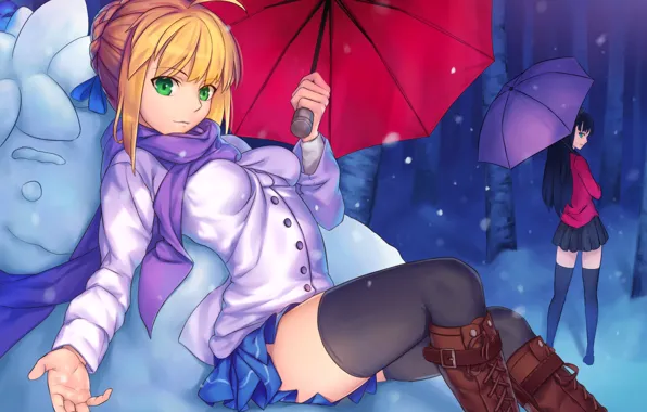 Umbrella, girls, Rin, the saber, Artoria Pendragon, Fate stay night, Fate / Stay Night