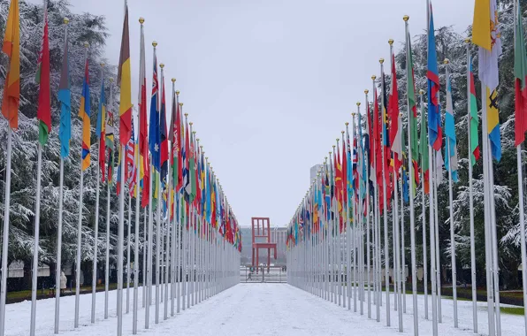 Switzerland, flags, Geneva, The UN Palais des Nations