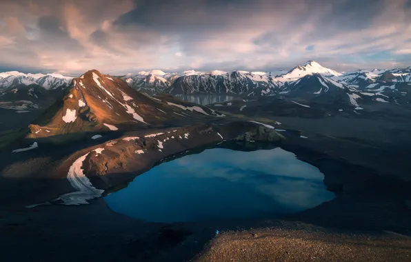 Snow, mountains, lake, tops, slope, Iceland, pond