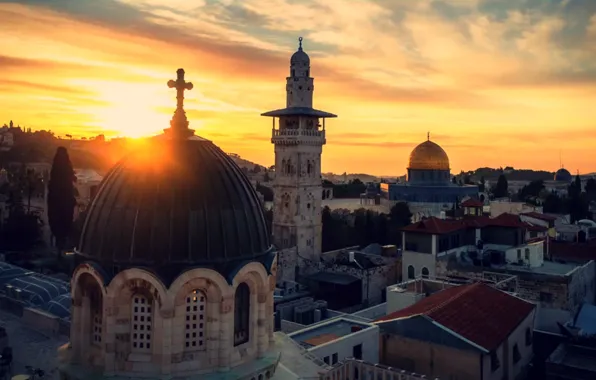 Sunset, cross, Skyline, Jerusalem, Holy Land