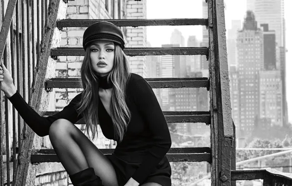 Picture girl, the city, ladder, black and white, Gigi Hadid, Maybelline