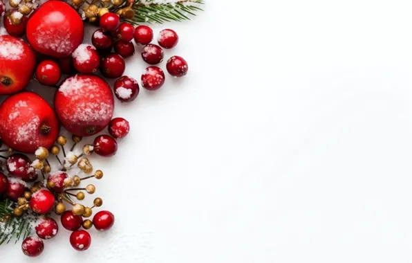 Balls, branches, Christmas, red, white background, New year, needles, Christmas decorations