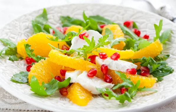 Orange, garnet, salad, mozzarella