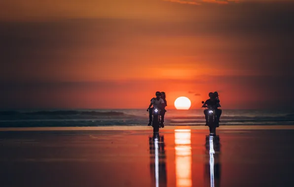 Sea, sunset, motorcycles, shore, beauty, pair