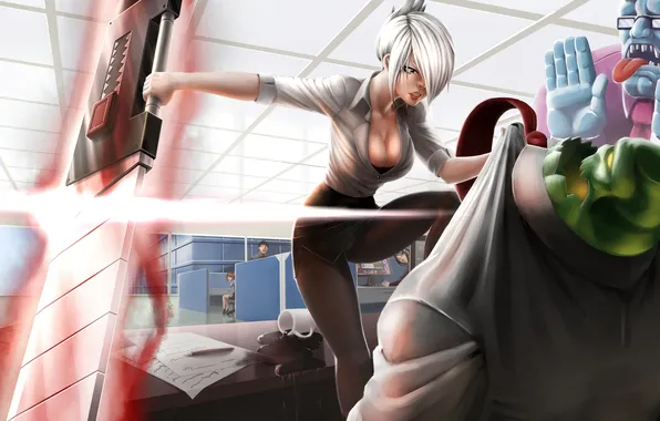 Picture girl, weapons, fear, anger, office, guys, art, league of legends
