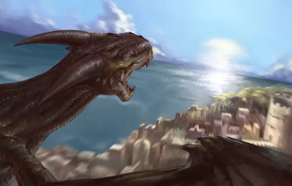 Flight, the city, dragon, fantasy, art