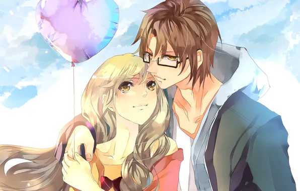The sky, clouds, heart, Girl, glasses, guy, lovers, two
