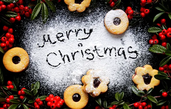 Picture winter, berries, food, New Year, cookies, Christmas, red, Christmas