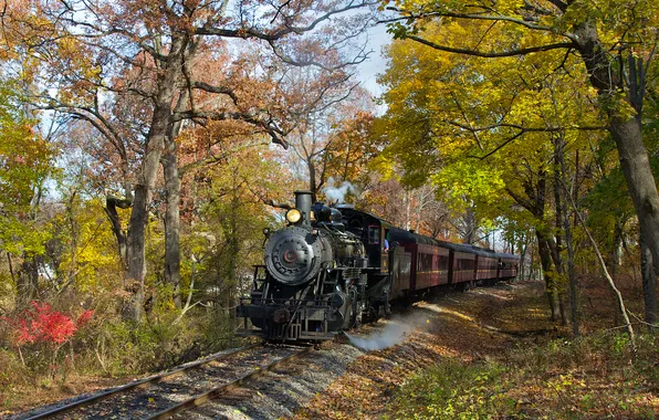Autumn, landscape, retro, rails, the engine, railroad, steam
