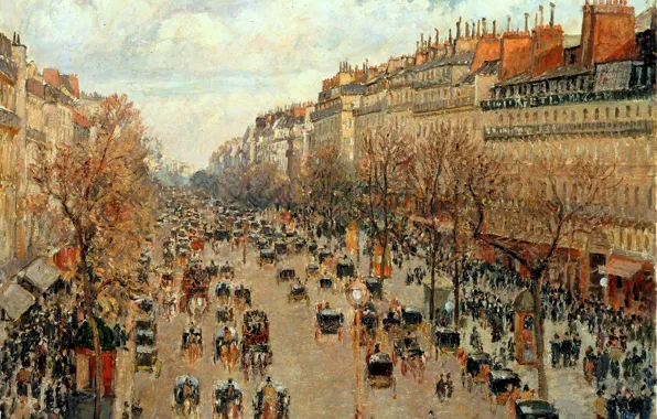 The city, street, France, picture, Camille Pissarro, Boulevard Montmartre in Paris