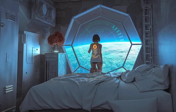 Picture look, girl, space, fiction, back, planet, bed, art