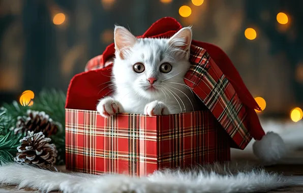 Cat, white, look, pose, kitty, box, gift, Christmas