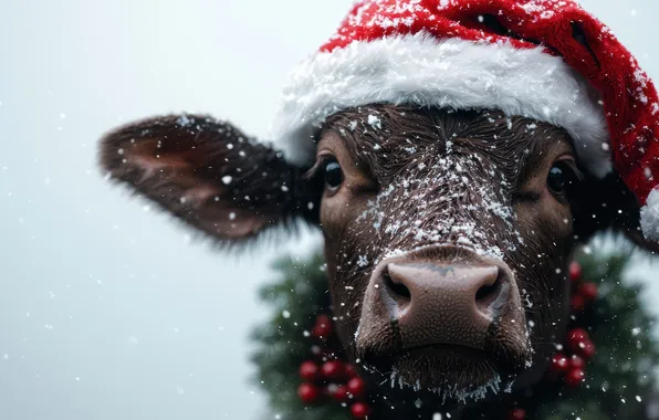 Winter, look, face, snow, berries, cow, Christmas, New year