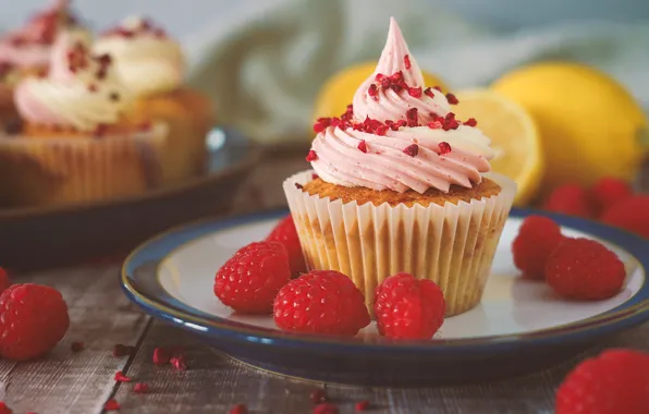Picture berries, raspberry, plate, cream, cupcake, cupcake