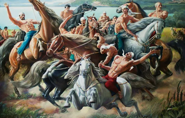 Picture Aibek Begalin, Two thousand twelve, Kokpar, mountain river, equestrian game