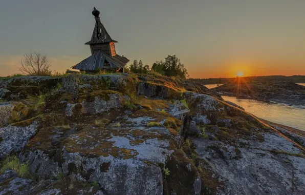 The sun, rays, landscape, sunset, nature, stones, chapel, Lake Ladoga