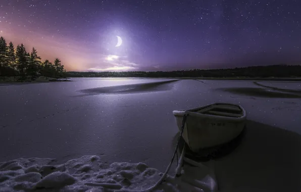 Picture winter, snow, night, lake, boat, stars, a month, frost
