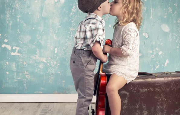 Picture boy, girl, suitcase, kiss, children, boy and girl