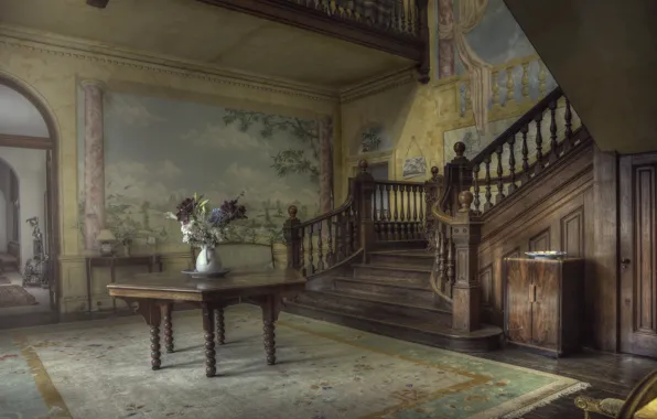 Flowers, table, room, ladder, vase, mansion