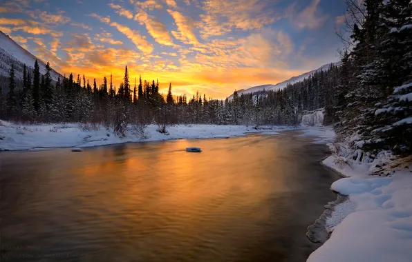 Winter, the sky, clouds, snow, landscape, sunset, nature, river