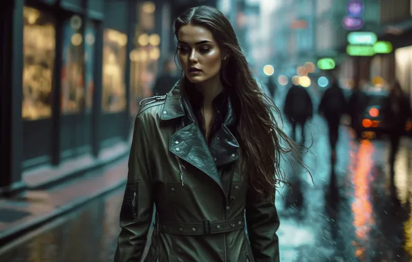 Road, girl, drops, the city, lights, rendering, rain, street
