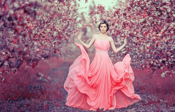 Picture pose, look, garden, nature, girl, Sergey Shatskov, flowering, spring
