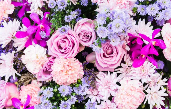 Flowers, roses, bouquet, pink, white, orchids, a lot, different