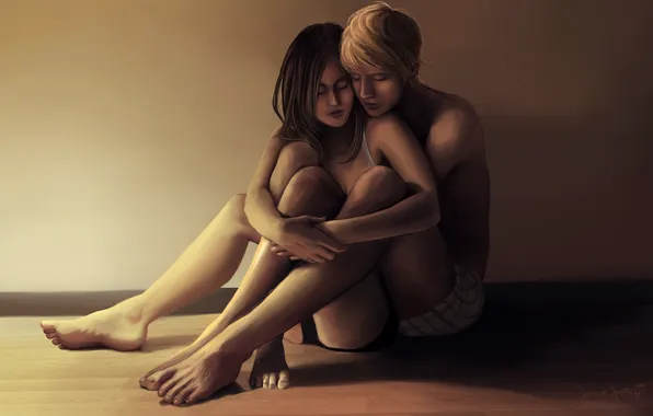 Girl, love, art, floor, guy, painting, comfort, sitting