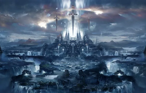 The city, view, waterfall, sword, art, temple